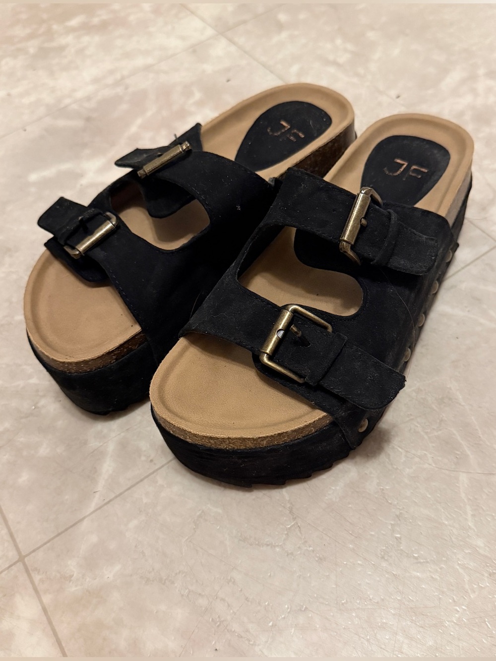 JustFab Black Suede Double-Buckle Platform Mules